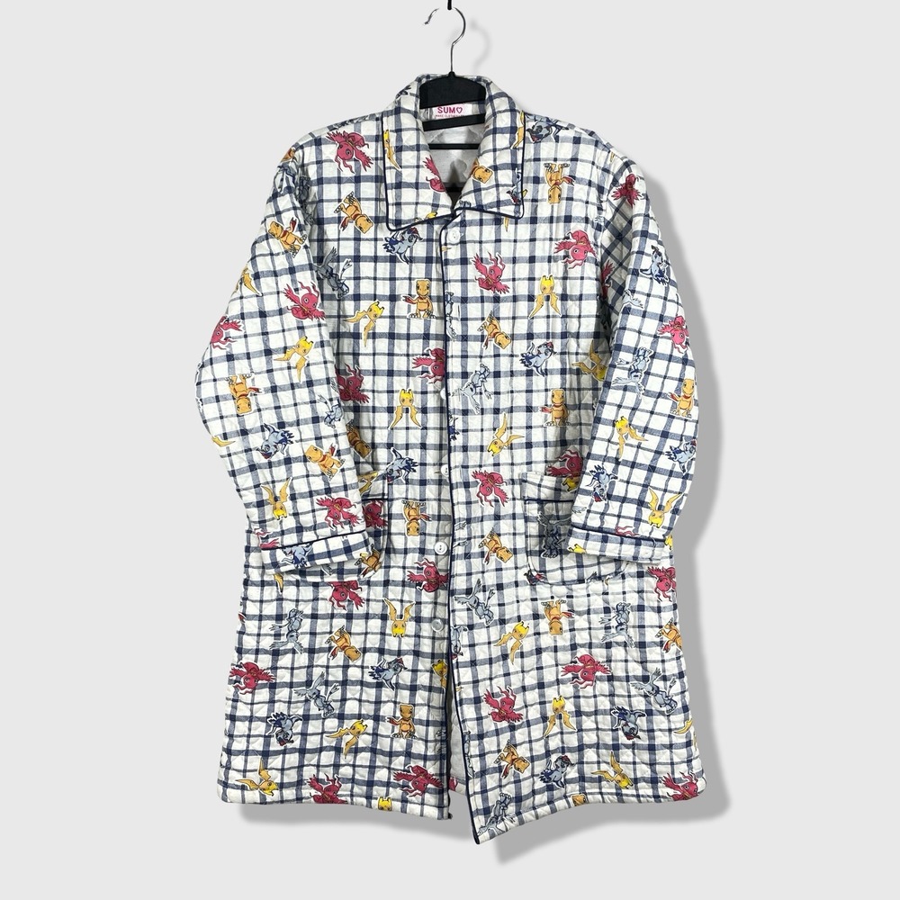 Sumo Digimon Quilted Robe Coat Mens M‎ White Blue Plaid Anime Kawaii Kidcore